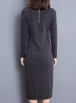 Solid Color Split O-Neck Long Sleeves Knitted Dresses