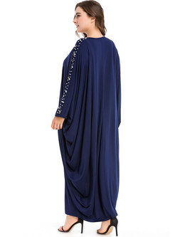 Loose Plus Size Handmade Pearl Bat Sleeve Maxi Dress