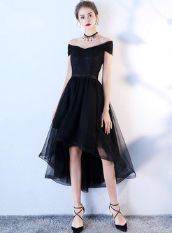 Lace Solid Color Slash Neck Sleeveless Asymmetrical Tulle Dresses