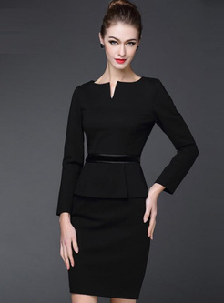 Solid Color Zipper O-Neck Long Sleeves Fake Two Piece Dresses