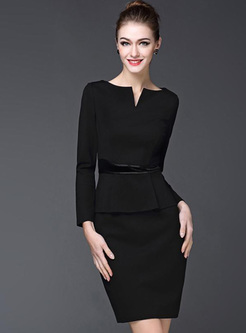 Solid Color Zipper O-Neck Long Sleeves Fake Two Piece Dresses