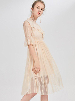 Contrast Solid Color Half High Neck Flare Sleeves Pleated Dresses