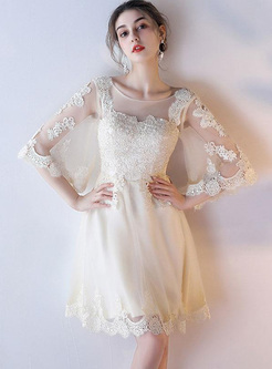 Lace Hollow Out Contrast O-Neck Half Sleeves Homecoming Dresses