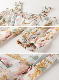 Bohemian Printing Slash Neck Seven-Tenths Sleeves Long Dresses