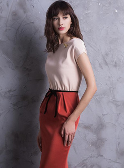 Stylish Stitching Color Block Short Sleeves Sexy Slim Tailing Evening Dresses