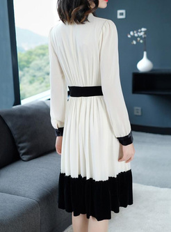 Contrast Stand Collar Long Sleeves Chiffon Dresses