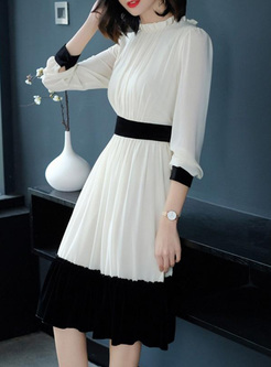 Contrast Stand Collar Long Sleeves Chiffon Dresses