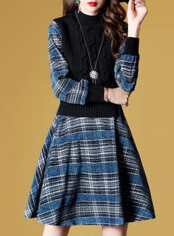 Printing Contrast Plaids Stand Collar Fake Two Piece Dresses