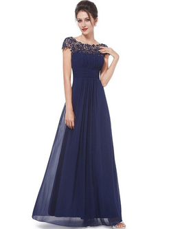 Lace Sequin O-Neck Short Sleeves High Waist Evening Dresses