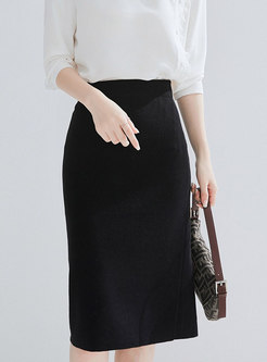 Brief Pure Color High Waist Split Knitted Skirt