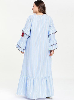 Stylish Plus Size Embroidered Plaid Loose Maxi Dress