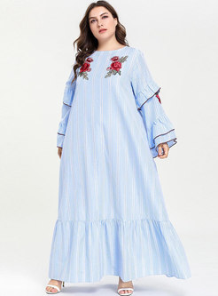 Stylish Plus Size Embroidered Plaid Loose Maxi Dress