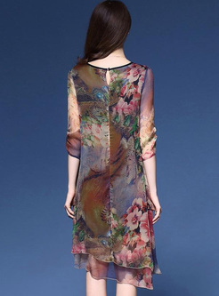 Chic Printing O-Neck Irregular Loose Vintage Dresses
