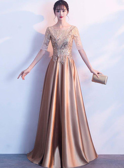Sequin Solid Color O-Neck Half Sleeves Evening Dresses
