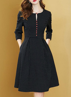 Polka dots Printing Contrast O-Neck Long Sleeves Midi Dresses