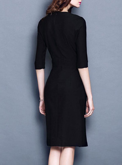 Contrast Solid Color V-Neck Seven-Tenths Sleeves Midi Dresses