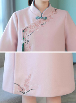 Embroidery Stand Collar Long Sleeves Straight Dresses
