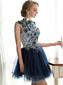 Embroidery Flower Sequined Contrast Stand Collar Mini Prom Dresses