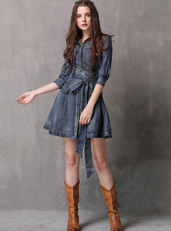 Solid Color Sashes Turn-down Collar Half Sleeves Dresses