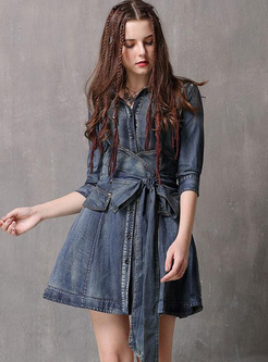 Solid Color Sashes Turn-down Collar Half Sleeves Dresses