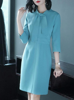Contrast Solid Color Sashes V-Neck Seven-Tenths Sleeves Midi Dresses