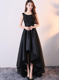 Lace Hollow Out Contrast Solid Color O-Neck Sleeveless Prom Dresses
