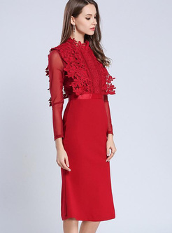 Lace Hollow Out Solid Color Stand Collar Mermaid A-Line Dresses