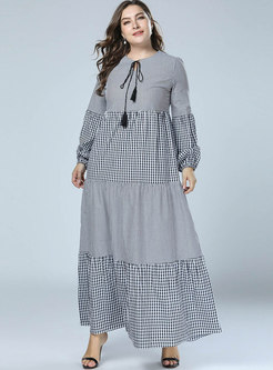 Grey Striped Big Hem Plaid Lantern Sleeve Maxi Dress