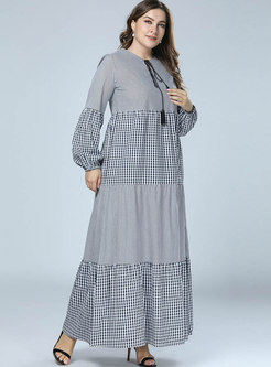 Grey Striped Big Hem Plaid Lantern Sleeve Maxi Dress