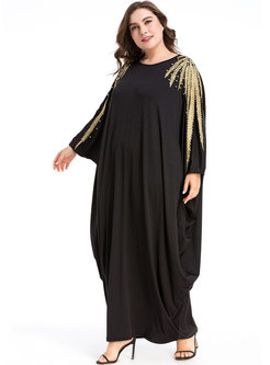 Brief Beaded Bat Sleeve Plus Size Knitted Maxi Dress