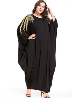 Brief Beaded Bat Sleeve Plus Size Knitted Maxi Dress