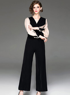 Color-blocked Splicing Gathered Waist Breathable Jumpsuit