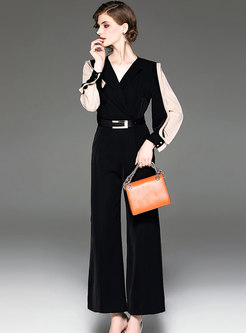 Color-blocked Splicing Gathered Waist Breathable Jumpsuit