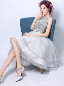 Gray Sequin O-Neck Sleeveless Backless Asymmetric Dresses