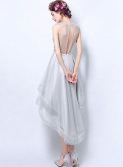 Gray Sequin O-Neck Sleeveless Backless Asymmetric Dresses