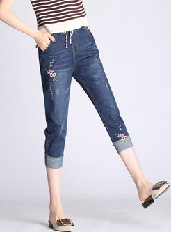 Brief Embroidered High Elastic Tied Pencil Pants 
