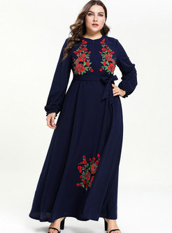 Stylish O-neck Loose Embroidered Tied Maxi Dress
