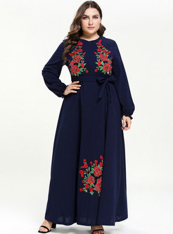 Stylish O-neck Loose Embroidered Tied Maxi Dress