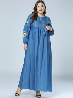 Casual Denim Embroidered Tied Loose Maxi Dress
