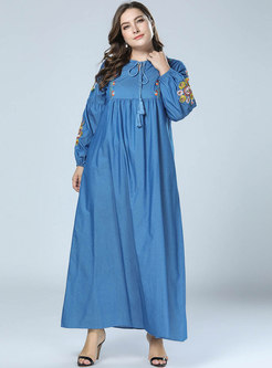 Casual Denim Embroidered Tied Loose Maxi Dress