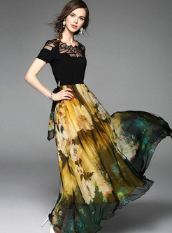 Lace Printing Contrast Color Block O-Neck Short Sleeves Long Dresses