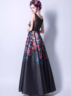 Lace Mesh Printing O-Neck Sleevesless Maxi Dresses