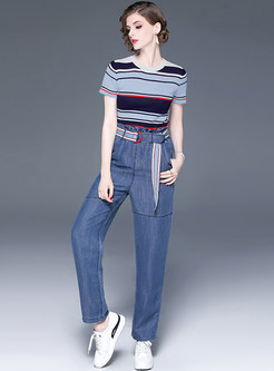 Crew Neck Pllover Striped Palazzo Pant Suits