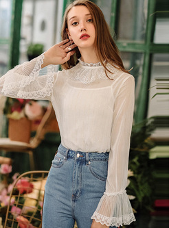 Lace Contrast Solid Color Flare Sleeves Elegant Blouses