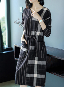 Contrast Color Block Plaids Stripe Midi Dresses
