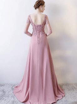 Lace Applique Solid Color O-Neck Backless Elegant Tailing Evening Dresses