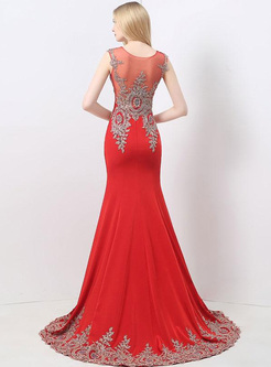 Embroidery Sequined Contrast O-Neck Sleevesless High Waist Evening Dresses