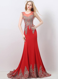 Embroidery Sequined Contrast O-Neck Sleevesless High Waist Evening Dresses