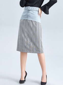 Chic Color-blocked Splicing Plaid Skinny Skirt