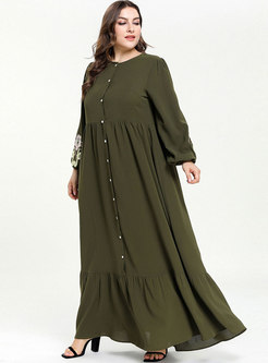 Plus Size Embroidered Single-breasted Maxi Dress